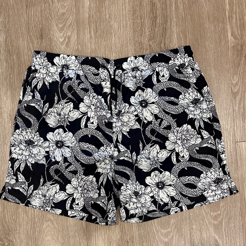 Maison Article x Shoe Palace black floral snake print swim trunks